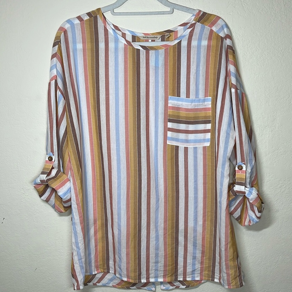 SOFT SURROUNDINGS Women's Boho Enyo Striped Cotton Tencel Tunic Top Back Slit